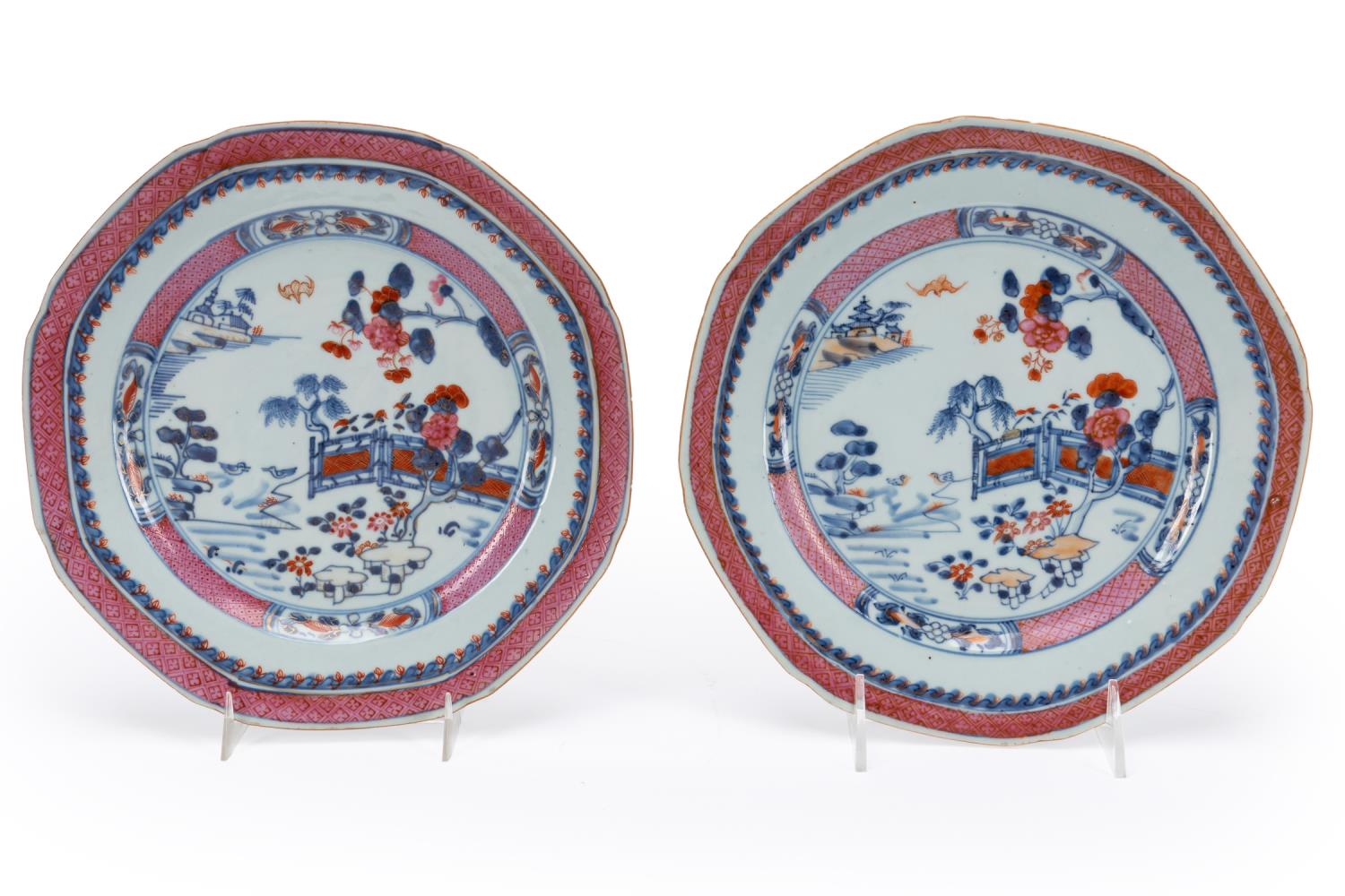 Appraisal: PAIR OF CHINESE EXPORT BLUE WHITE PINK PLATES Pair of