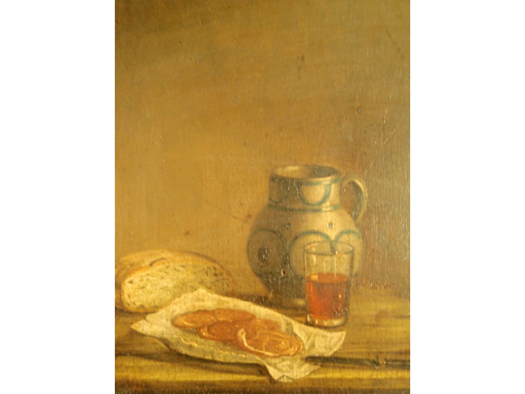 Appraisal: thC School Still life of bread salami glass and jug