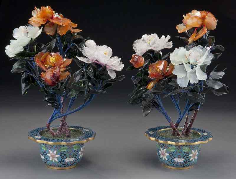 Appraisal: Pr Chinese carved jade trees set in cloisonne planters depicting