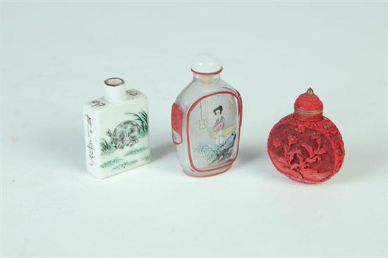 Appraisal: THREE SNUFF BOTTLES Asian th century Ceramic ''h reverse glass