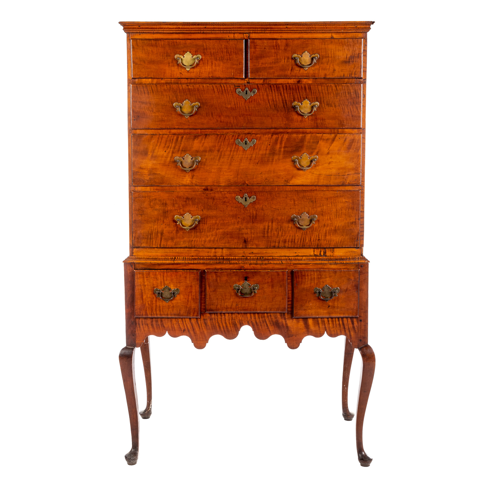 Appraisal: FEDERAL TIGER MAPLE FLAT TOP HIGHBOY Connecticut circa two-part highboy