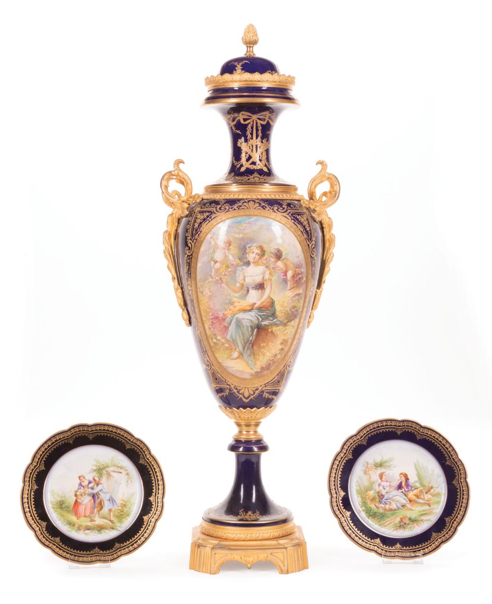 Appraisal: Two Sevres-Style Polychrome Porcelain Cabinet Plates and Bronze-Mounted Polychrome Porcelain