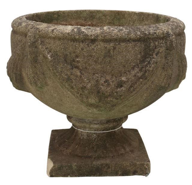 Appraisal: Cast stone low garden planter circular form with swag motif