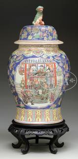 Appraisal: ENAMELED PORCELAIN COVERED JAR th century China Each side decorated