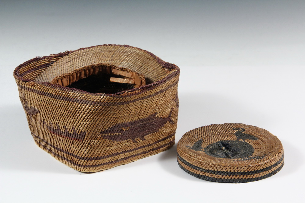 Appraisal: NATIVE AMERICAN BASKET - Scarce Makah Pictorial Lidded Basket Neah