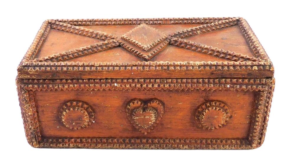 Appraisal: German Folk Art coffin box c hand-carved tramp art style