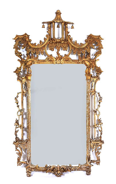 Appraisal: A CHINESE CHIPPENDALE STYLE GILTWOOD HANGING WALL MIRROR with pagoda