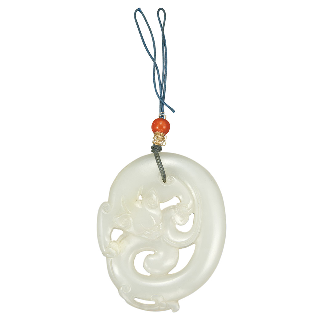 Appraisal: Chinese White Jade Pendant Of oval form carved as a