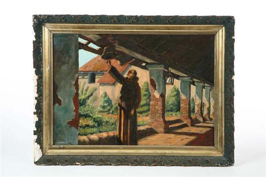 Appraisal: FRAMED PAINTING Oil on canvas of a monk ringing a