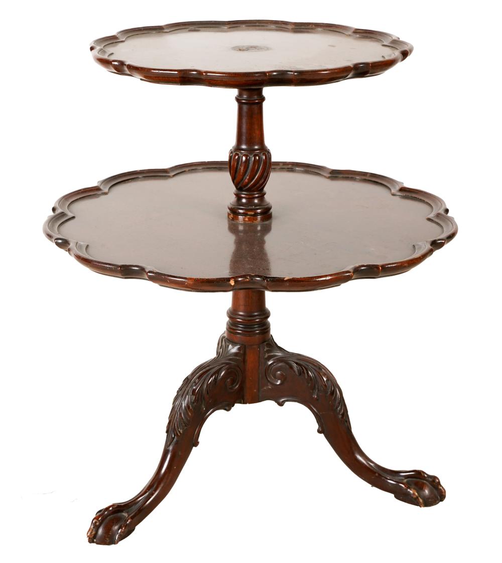 Appraisal: GEORGIAN-STYLE MAHOGANY DUMBWAITERwith two tiers each with lobed molded rim