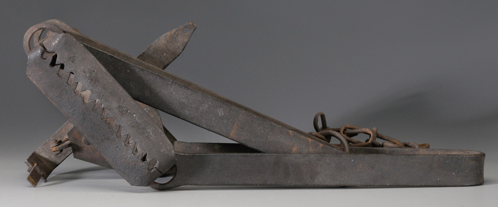 Appraisal: Hand-Wrought Iron Bear Trap With Chain American probably th century