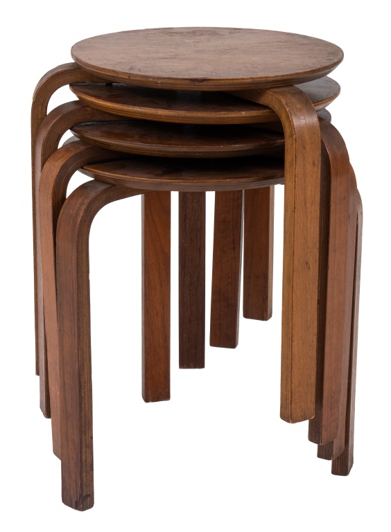 Appraisal: AALTO STYLE TEAK STACKING STOOLS LOW TABLES Group of four