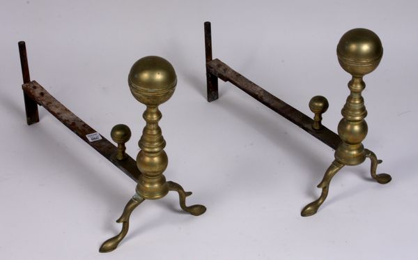 Appraisal: th Century Federal brass ball-top andirons with conforming log stops