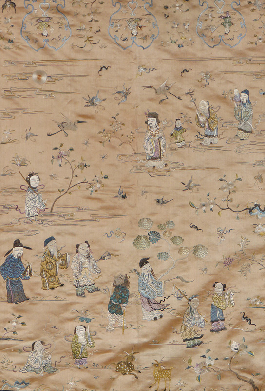 Appraisal: ORIENTAL SILK METAL THREADWORK EMBROIDERED TAPESTRY Scene Depicts the Eight