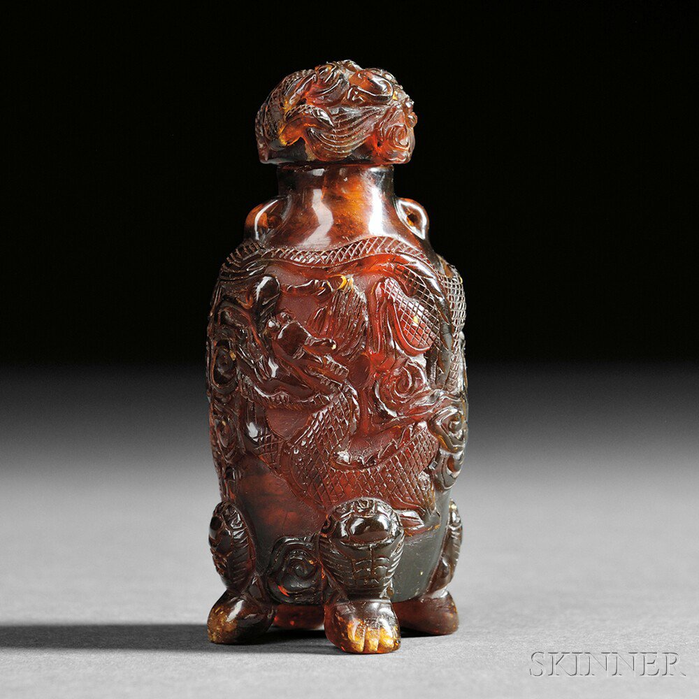 Appraisal: Red brown Amber Snuff Bottle with Dragons China th th