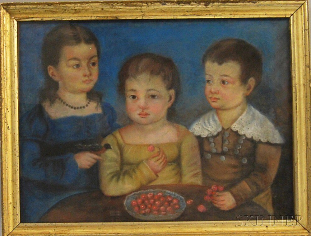 Appraisal: American School th Century Portrait of Three Children Eating Grapes