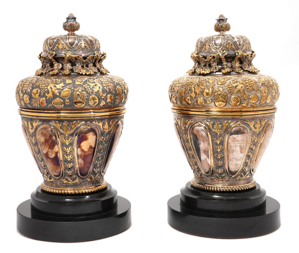 Appraisal: PAIR OF TANE STERLING SILVER GILT ORNATE URNSPair of Sterling