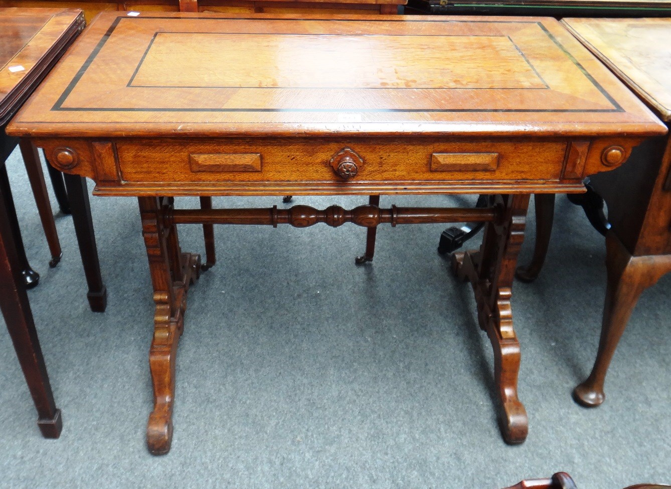 Appraisal: A th century ebony banded oak centre table with single