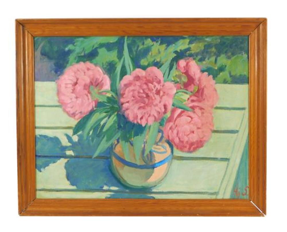 Appraisal: th C oil on canvas depicts pink peonies in vase