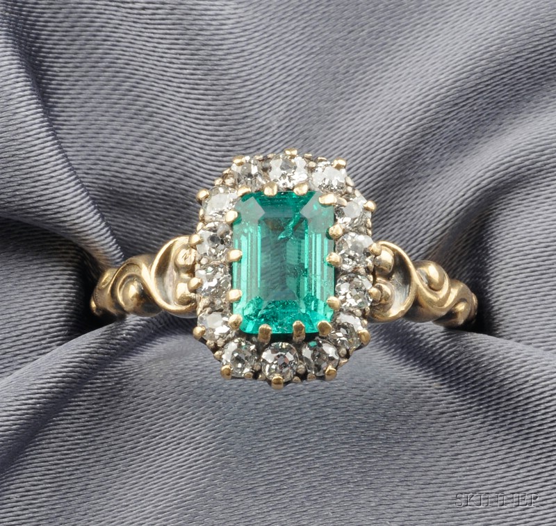 Appraisal: Antique Emerald and Diamond Ring prong-set with an emerald-cut emerald