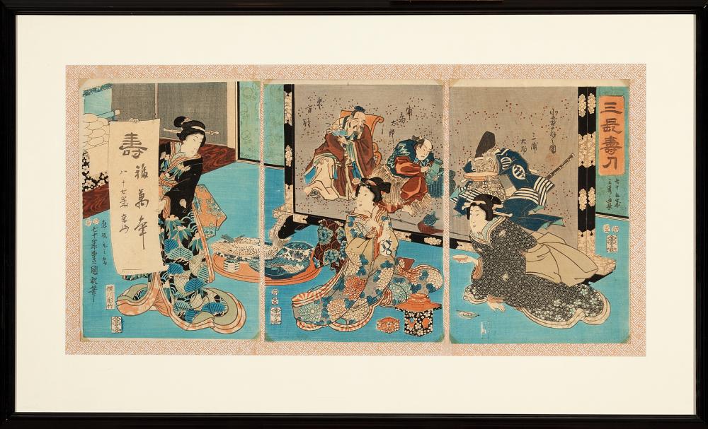 Appraisal: Kunisada Japanese - New Year's Celebration woodblock print triptych in