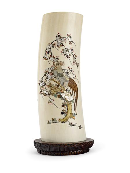 Appraisal: LARGE JAPANESE SHIBAYAMA TUSK VASE MEIJI PERIOD decorated to one