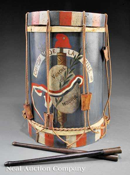 Appraisal: An Antique Paint-Decorated Drum with Drumsticks th c probably Swiss