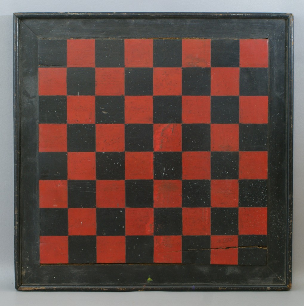 Appraisal: Painted pine game board black and red checkerboard design square