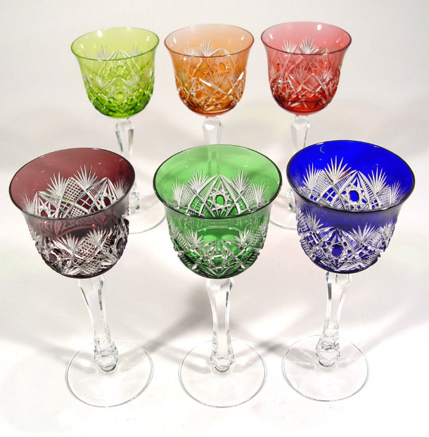 Appraisal: Six Bohemian cut wine glasses with coloured bowls cm high