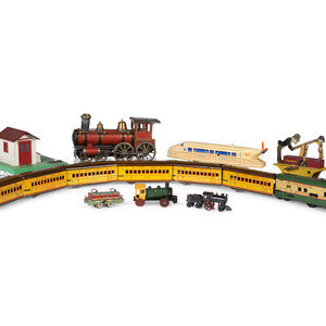 Appraisal: Fourteen Train-Related Toys and Accessories th Century comprising a seven-car