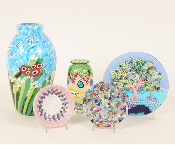 Appraisal: Five Murano art glass millefiori murrine vases and dishes with