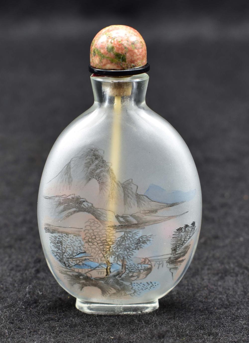 Appraisal: CHIN REVERSE PAINTED COLORLESS GLASS SNUFF BOTTLEOf elongated form decorated