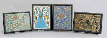 Appraisal: Four Antique Persian Hand Painted Framed Ceramic Tiles Four Persian