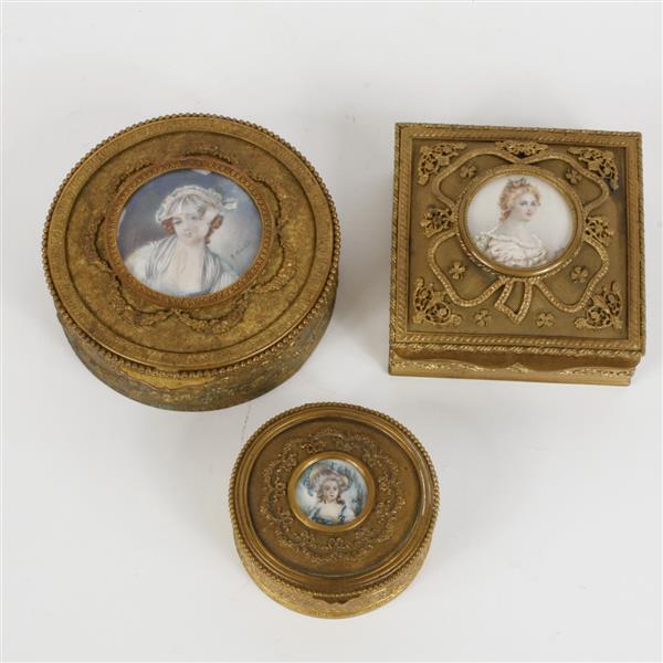 Appraisal: Three French gilt metal boxes each encasing a portrait miniature