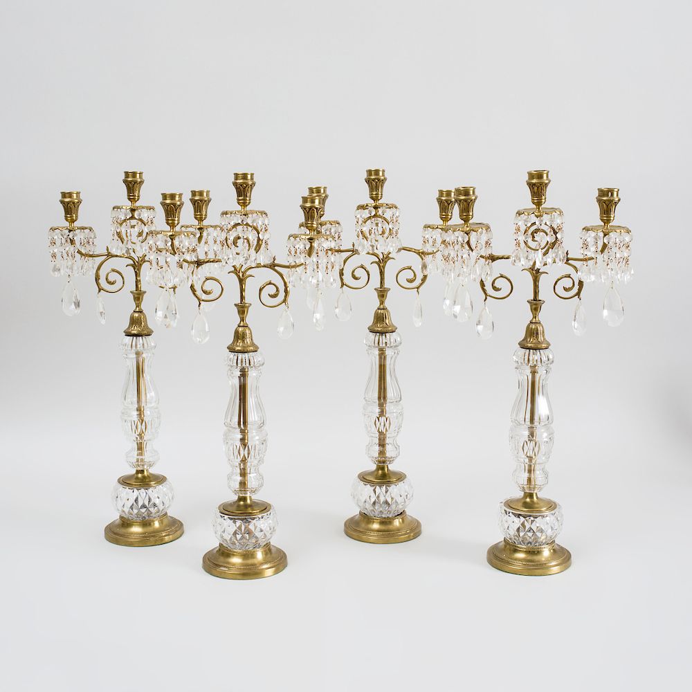 Appraisal: Set of Four Regency Style Gilt-Metal-Mounted Cut-Glass Candelabra Unmarked with