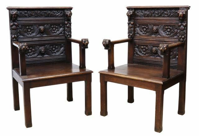 Appraisal: pair Renaissance Revival carved oak chairs th c top rail