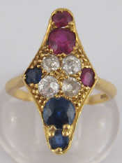 Appraisal: An carat gold old cut diamond ruby and sapphire marquise