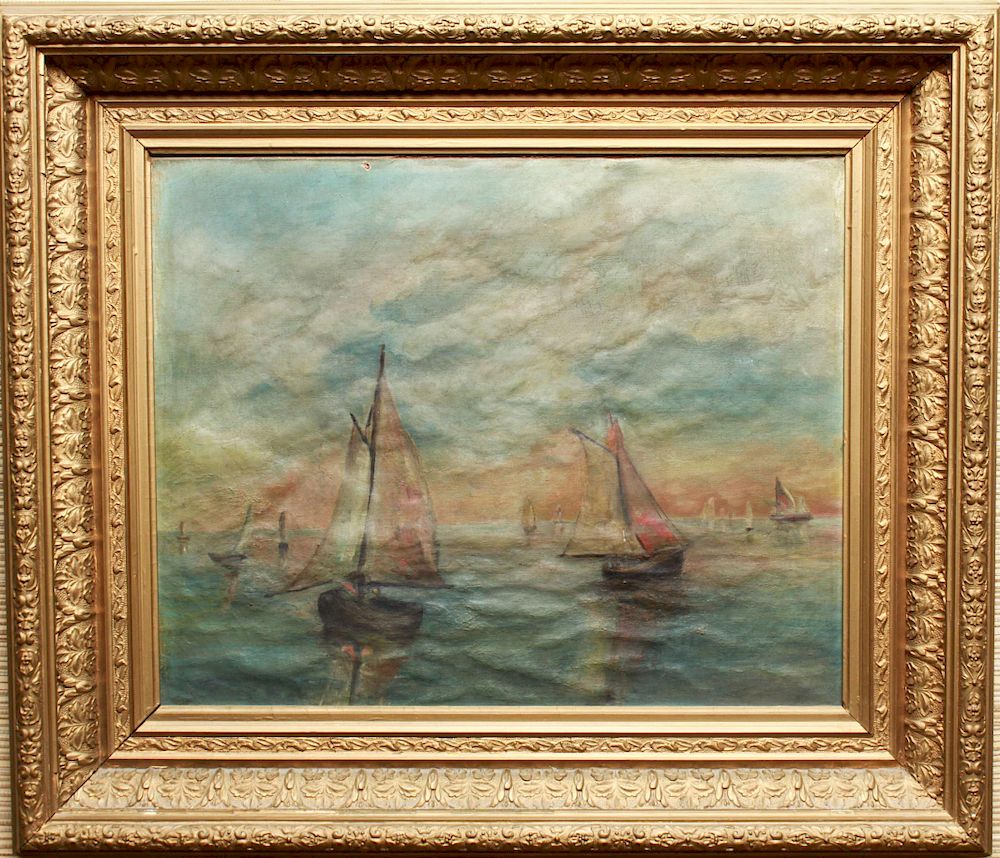 Appraisal: Impressionist Manner Seascape w Sailboats Oil Impressionist manner seascape with