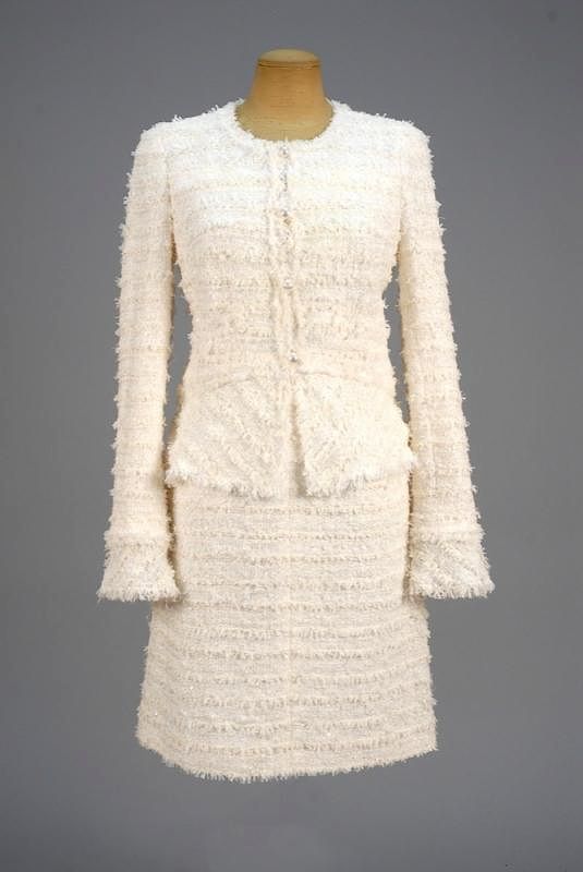 Appraisal: CHANEL NOVELTY WEAVE SKIRT SUIT with SEQUINS Cream and white