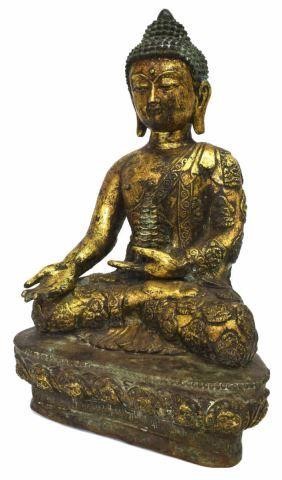 Appraisal: Patinated bronze Bhaisajyaguru medicine Buddha remnants of gilt finish with