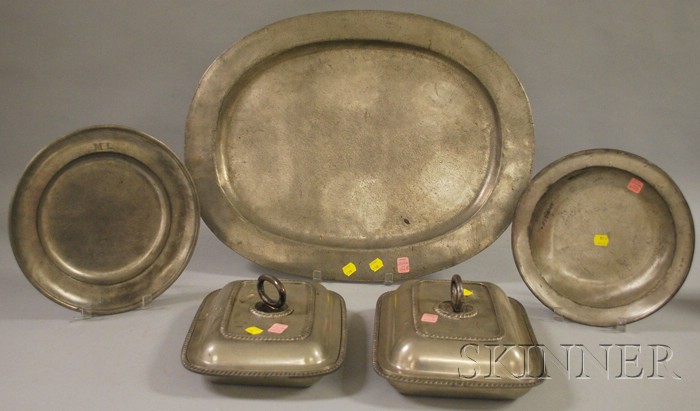 Appraisal: Large Oval Pewter Platter a Pair of Covered Vegetable Dishes