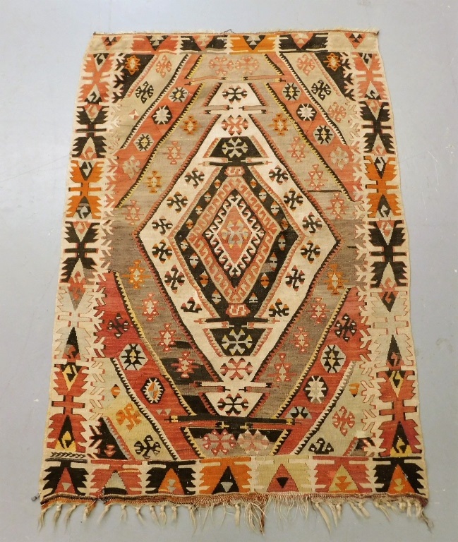 Appraisal: ANTIQUE TURKISH KHILIM GEOMETRIC CARPET Turkey Circa Red blue green