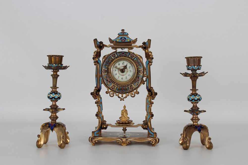 Appraisal: French Gilt Bronze Champleve -Piece Clock Set French Gilt Bronze