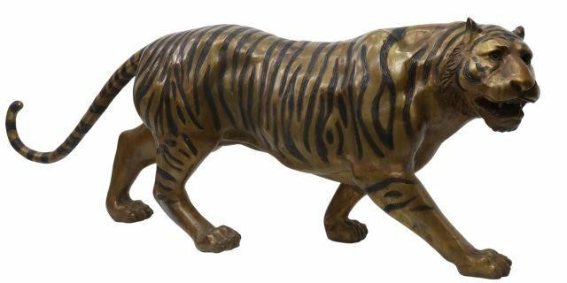 Appraisal: Near life-size patinated bronze wildlife figure Stalking Tiger in a