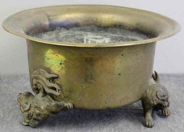 Appraisal: Signed Asian Bronze Basin with Foo Dogs Feet From a