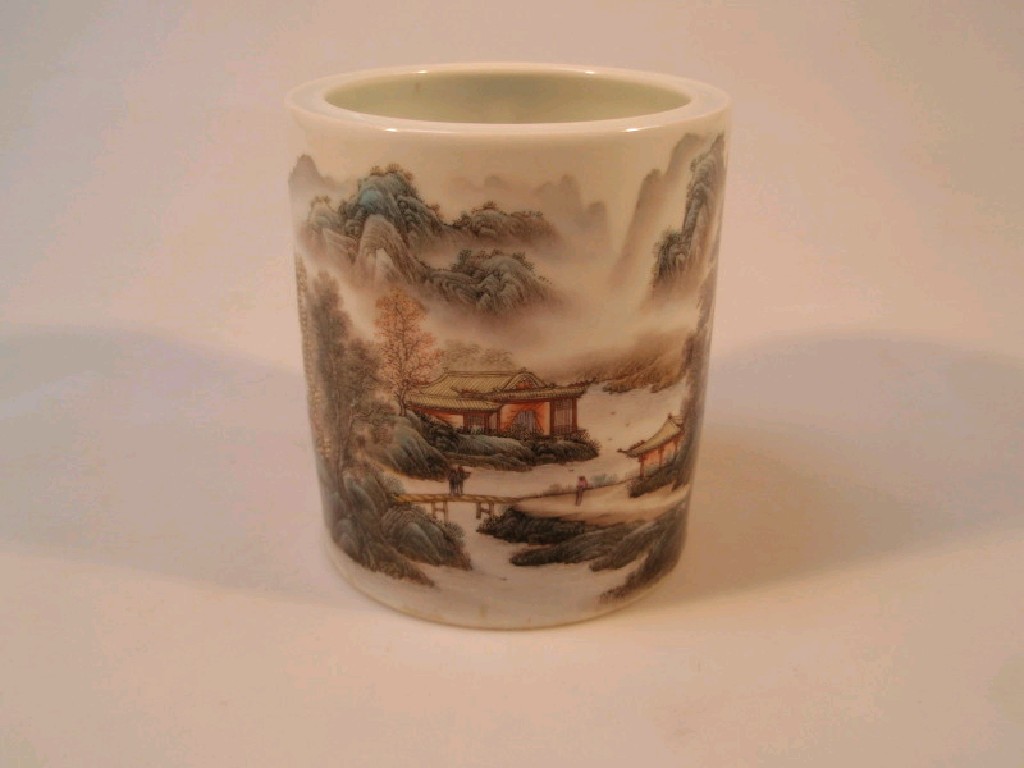 Appraisal: Chinese hand painted brush pot sketched at Zhushan in the