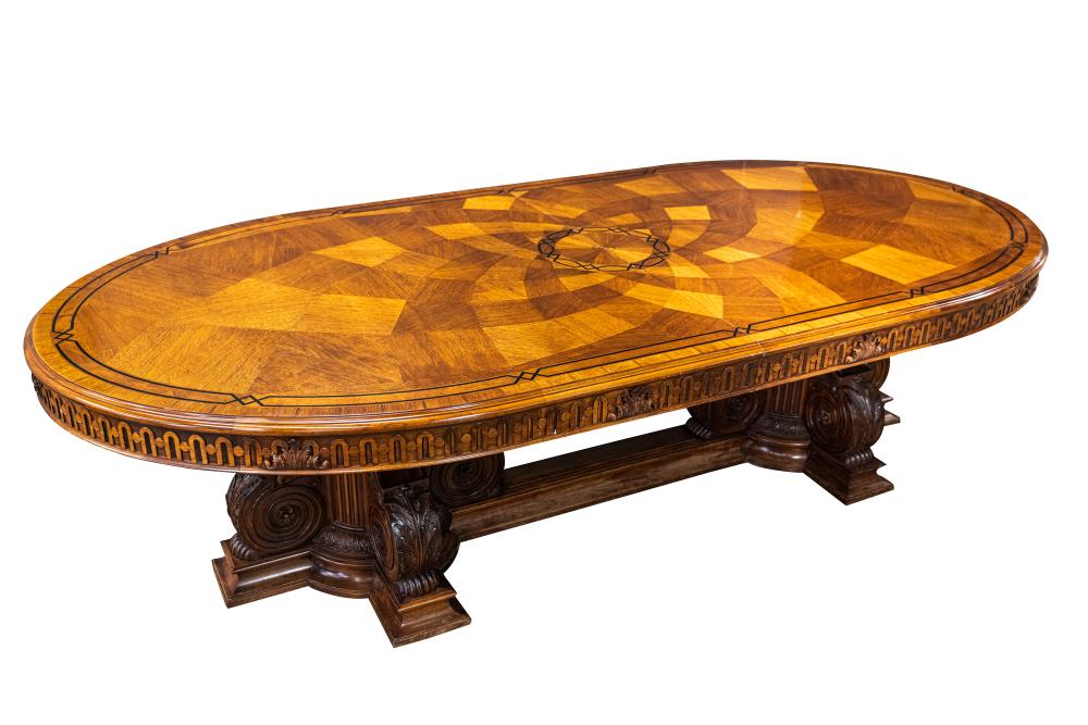 Appraisal: PARQUETRY LINE-INLAID CARVED DINING TABLEthe oblong parquetry top with an