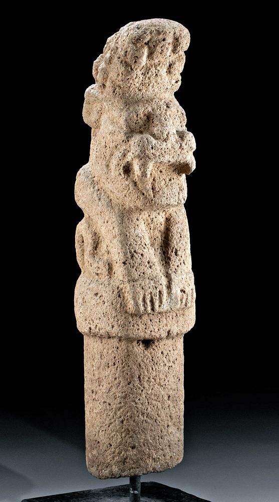 Appraisal: Tall Maya Stone Post Jaguar Holding Maize ex-Museum Pre-Columbian southern