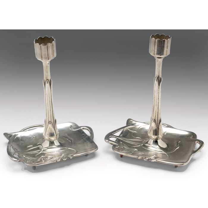 Appraisal: Art Nouveau candle holders pair silver flower form holders on