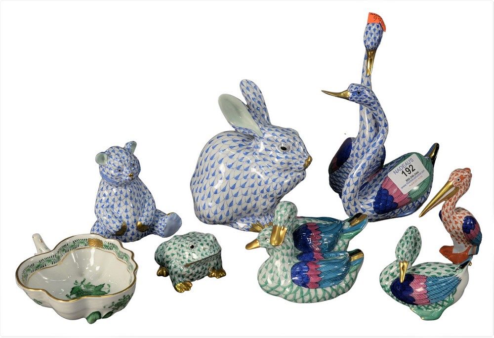 Appraisal: Eight Piece Herend Porcelain Lot having fishnet bird figures to